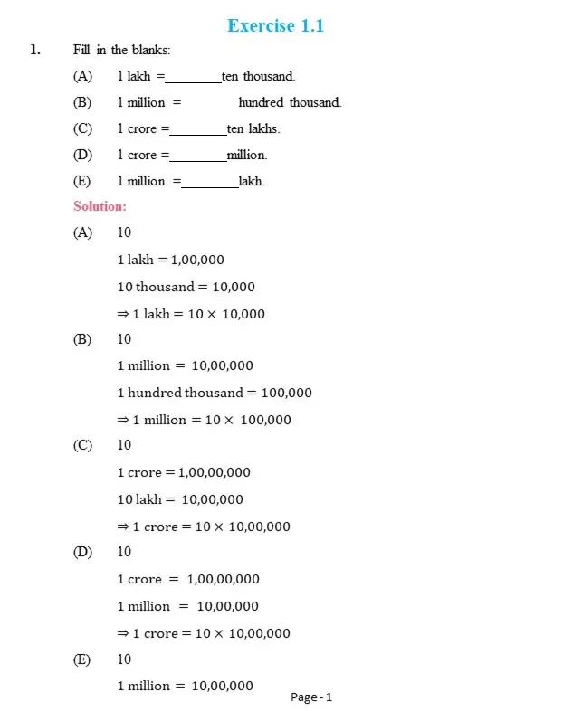 CBSE NCERT Solutions for Class 6 Maths Chapter 1 Exercise 1.1
