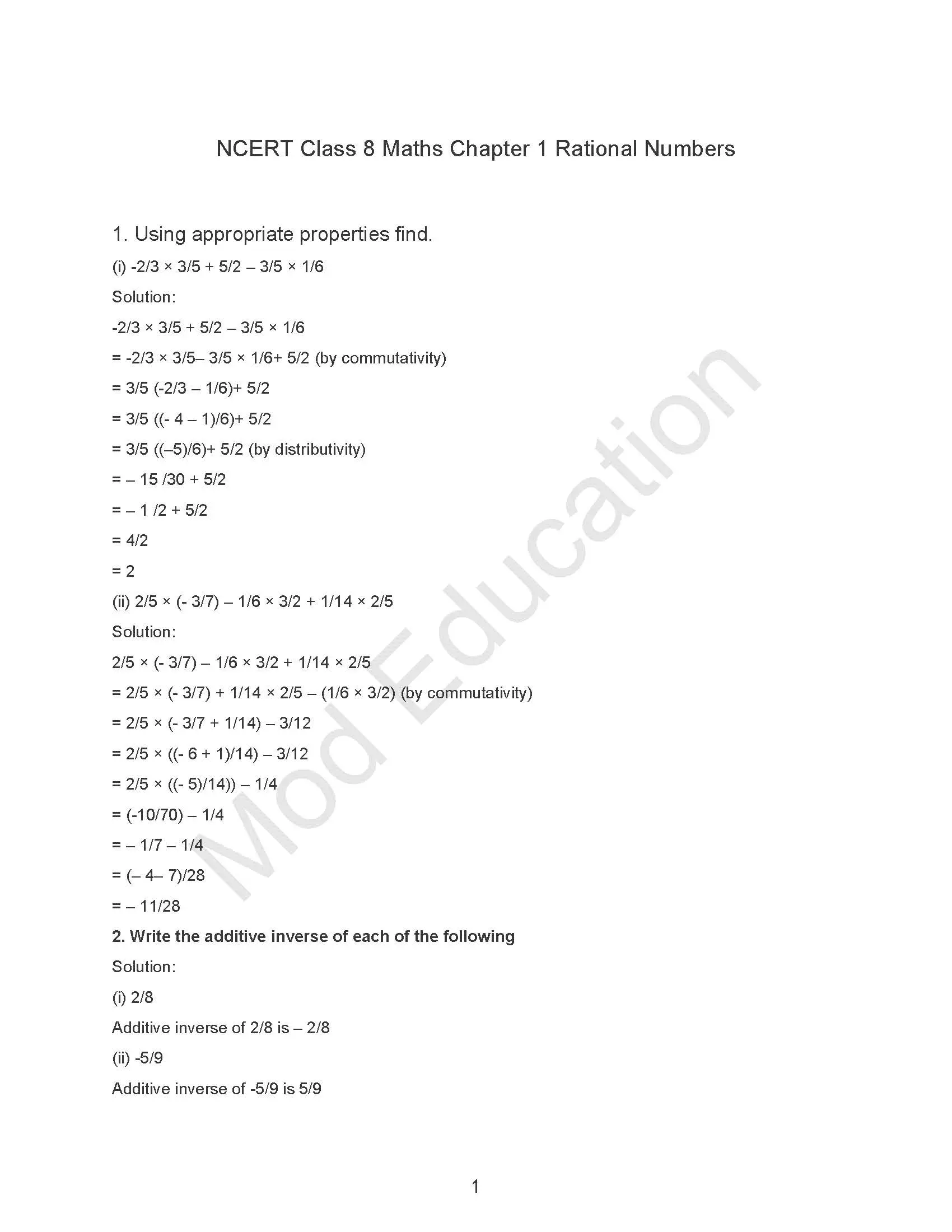 NCERT Solution Class 8 Maths Chapter 1 Rational Numbers